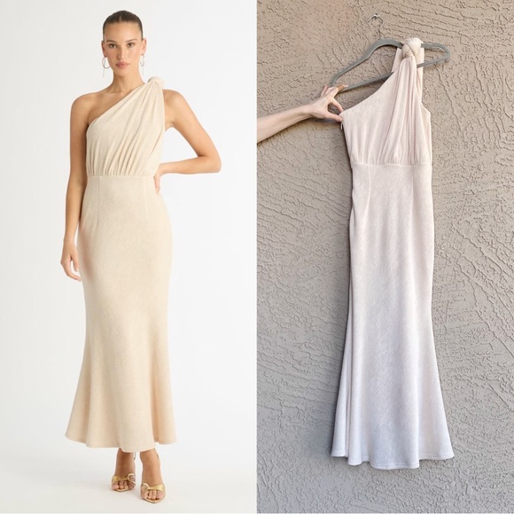SHEIKE Australia Neutral Beige Ecru Textured One Shoulder Knot Draped Maxi Dress - Picture 5 of 11
